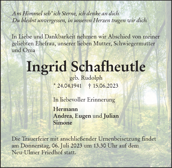 Traueranzeige von Ingrid Schafheutle von Augsburger Allgemeine, Neu-Ulmer Zeitung