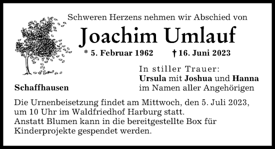 Traueranzeige von Joachim Umlauf von Rieser Nachrichten, Donauwörther Zeitung