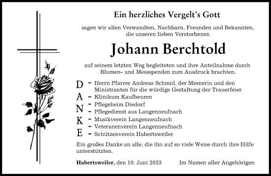 Traueranzeige von Johann Berchtold von Schwabmünchner Allgemeine