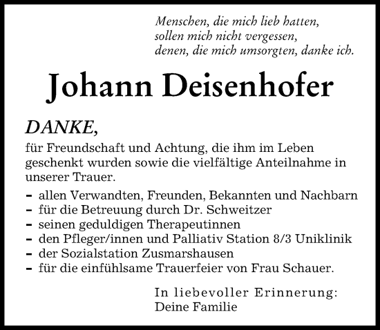 Traueranzeige von Johann Deisenhofer von Augsburger Allgemeine