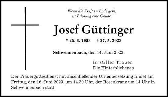Traueranzeige von Josef Göttinger von Donau Zeitung