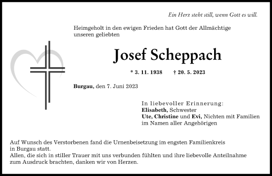Traueranzeige von Josef Scheppach von Günzburger Zeitung