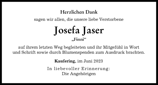 Traueranzeige von Josefa Jaser von Landsberger Tagblatt
