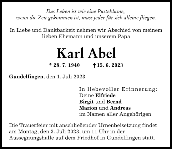 Traueranzeige von Karl Abel von Donau Zeitung