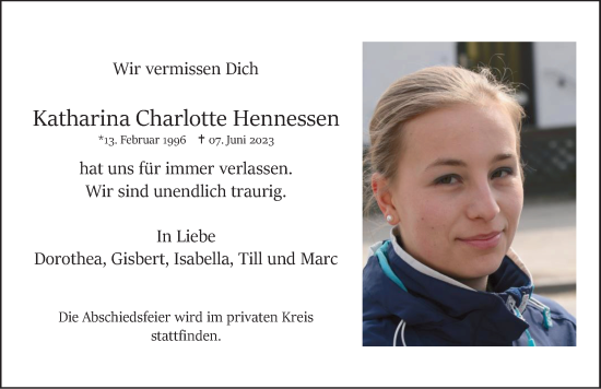 Traueranzeige von Katharina Charlotte Hennessen von Mindelheimer Zeitung