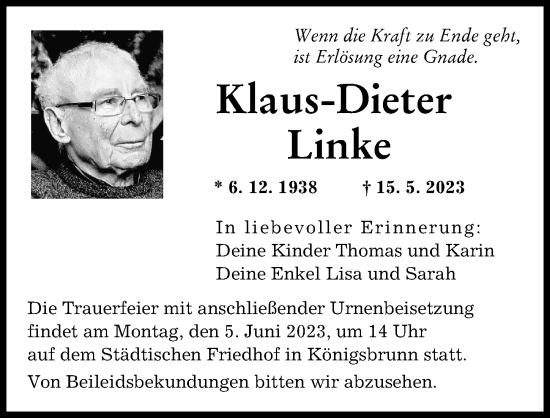 Traueranzeige von Klaus-Dieter Linke von Augsburger Allgemeine