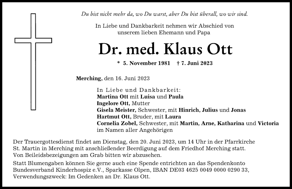  Traueranzeige für Klaus Ott vom 16.06.2023 aus Augsburger Allgemeine