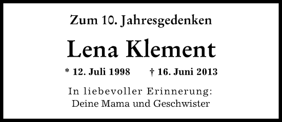 Traueranzeige von Lena Klement von Augsburger Allgemeine