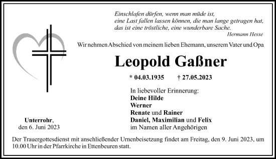 Traueranzeige von Leopold Gaßner von Günzburger Zeitung