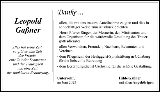 Traueranzeige von Leopold Gaßner von Günzburger Zeitung