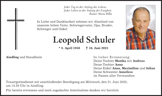 Traueranzeige von Leopold Schuler von Aichacher Nachrichten