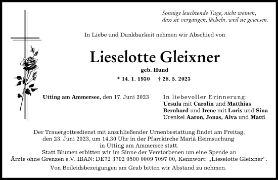 Traueranzeige von Lieselotte Gleixner von Landsberger Tagblatt