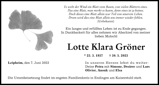 Traueranzeige von Lotte Klara Gröner von Günzburger Zeitung