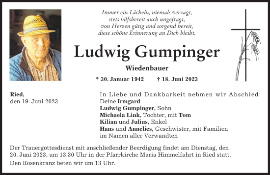 Traueranzeige von Ludwig Gumpinger von Augsburger Allgemeine