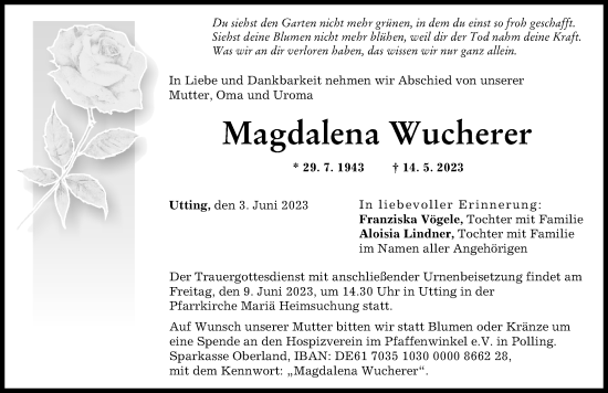 Traueranzeige von Magdalena Wucherer von Landsberger Tagblatt