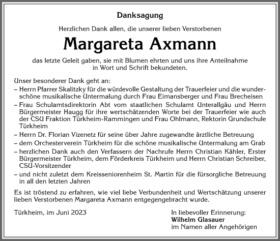 Traueranzeige von Margareta Axmann von Mindelheimer Zeitung