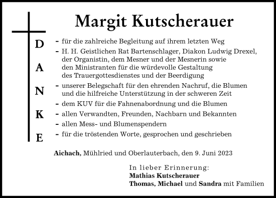 Traueranzeige von Margit Kutscherauer von Aichacher Nachrichten