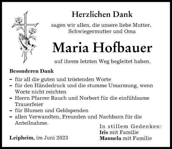 Traueranzeige von Maria Hofbauer von Günzburger Zeitung