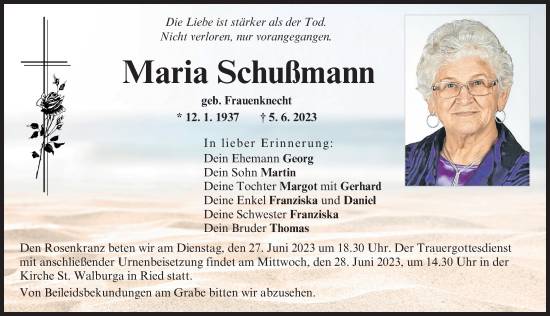 Traueranzeige von Maria Schußmann von Friedberger Allgemeine