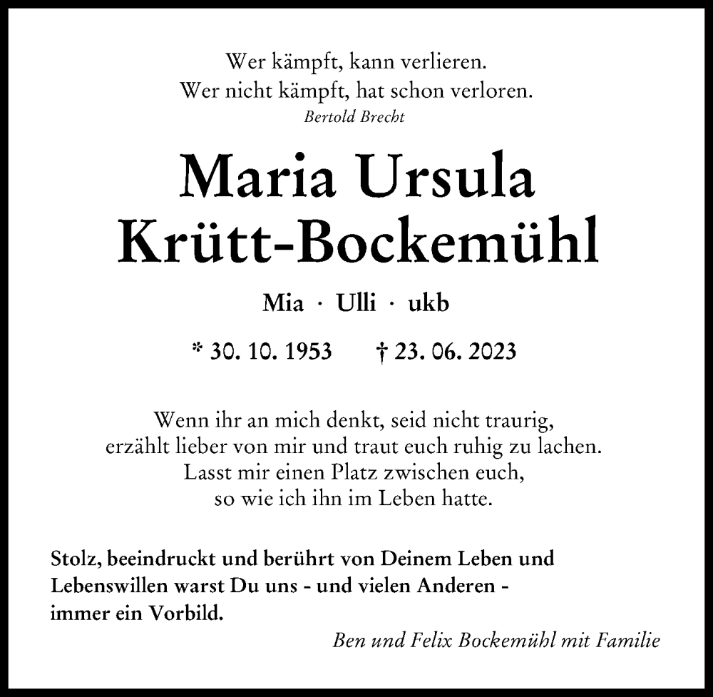  Traueranzeige für Maria Ursula Krütt-Bockemühl vom 01.07.2023 aus Friedberger Allgemeine, Augsburger Allgemeine, Augsburg-Land