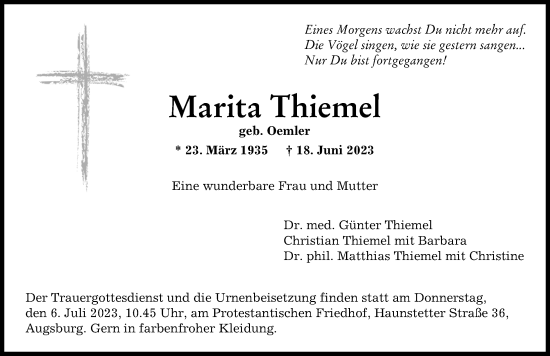 Traueranzeige von Marita Thiemel von Augsburger Allgemeine