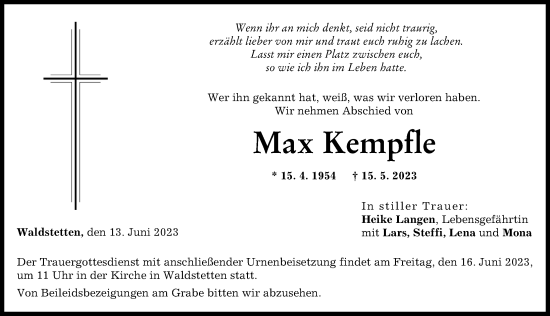 Traueranzeige von Max Kempfle von Günzburger Zeitung