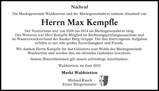 Traueranzeige von Max Kempfle von Günzburger Zeitung