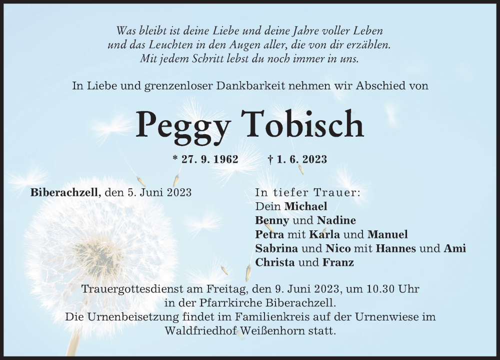  Traueranzeige für Peggy Tobisch vom 06.06.2023 aus Neu-Ulmer Zeitung