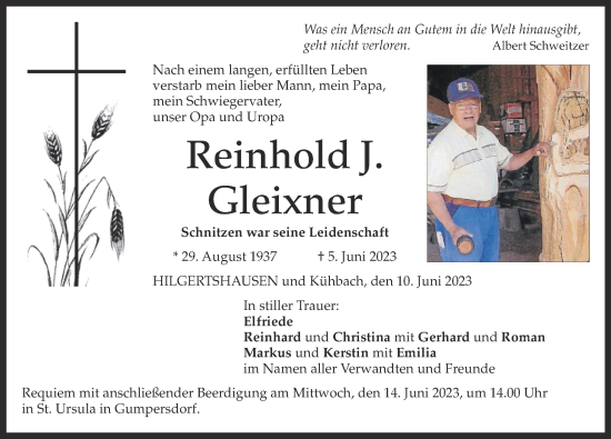 Traueranzeige von Reinhold J. Gleixner von Aichacher Nachrichten