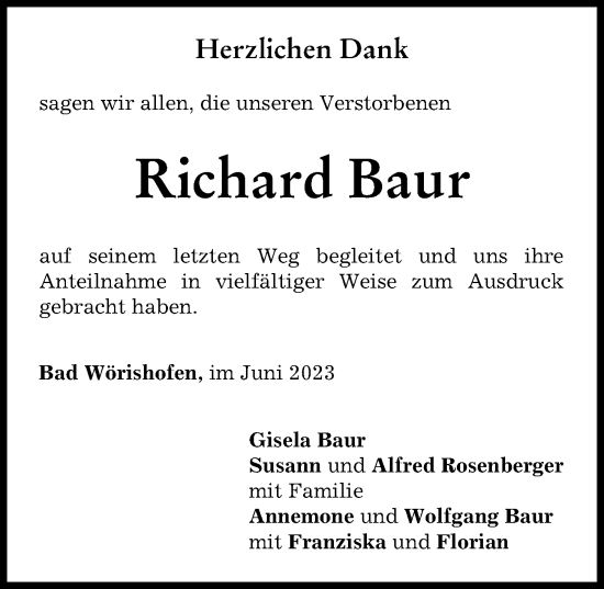Traueranzeige von Richard Baur von Mindelheimer Zeitung
