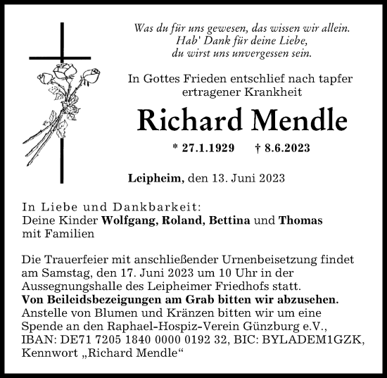 Traueranzeige von Richard Mendle von Günzburger Zeitung