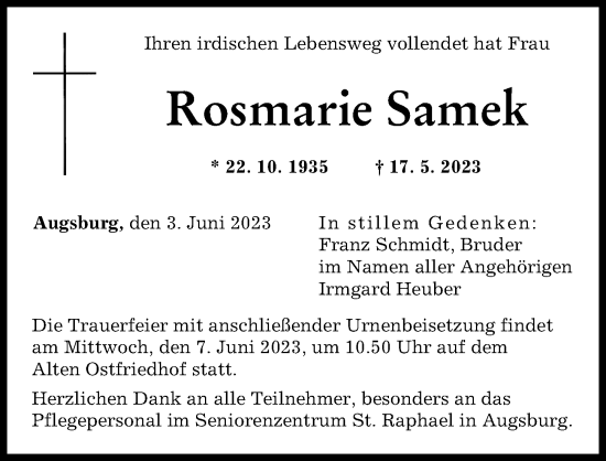 Traueranzeige von Rosmarie Samek von Augsburger Allgemeine