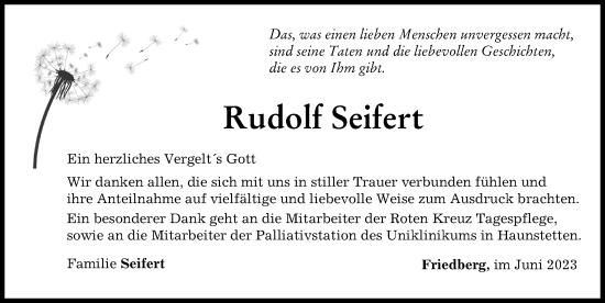 Traueranzeige von Rudolf Seifert von Friedberger Allgemeine