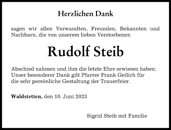 Traueranzeige von Rudolf Steib von Günzburger Zeitung