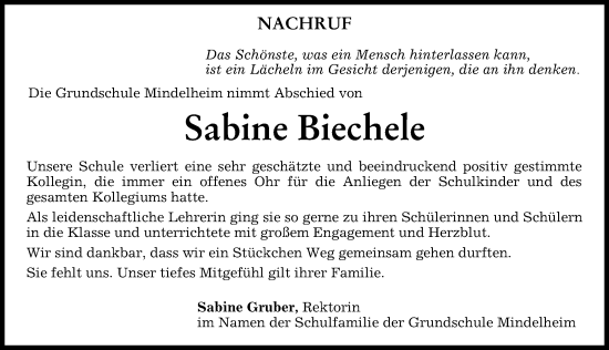 Traueranzeige von Sabine Biechele von Mindelheimer Zeitung