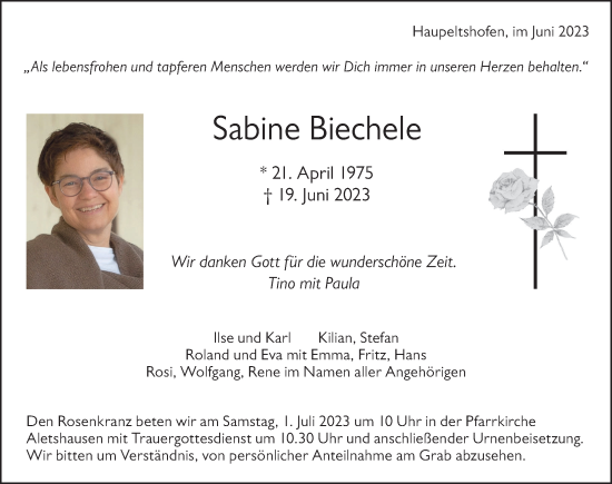 Traueranzeige von Sabine Biechele von Mindelheimer Zeitung, Mittelschwäbische Nachrichten