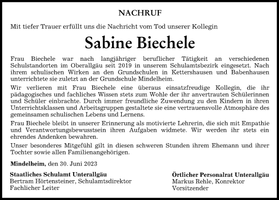 Traueranzeige von Sabine Biechele von Mindelheimer Zeitung
