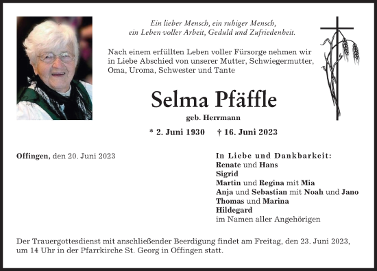 Traueranzeige von Selma Pfäffle von Günzburger Zeitung