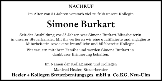 Traueranzeige von Simone Burkart von Günzburger Zeitung