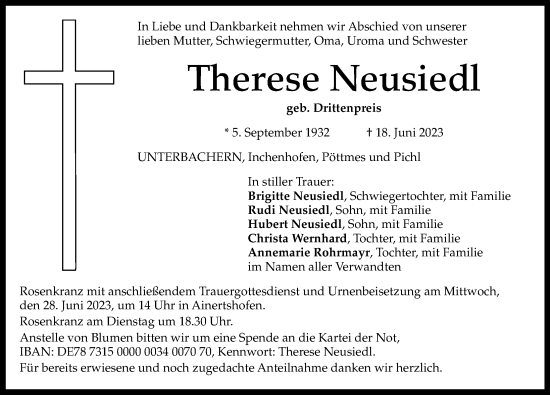 Traueranzeige von Therese Neusiedl von Aichacher Nachrichten