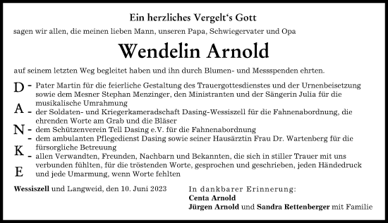 Traueranzeige von Wendelin Arnold von Friedberger Allgemeine