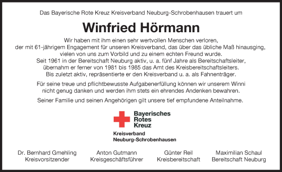 Traueranzeige von Winfried Hörmann von Neuburger Rundschau