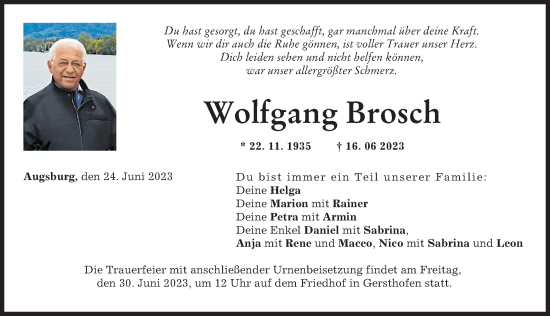 Traueranzeige von Wolfgang Brosch von Augsburger Allgemeine