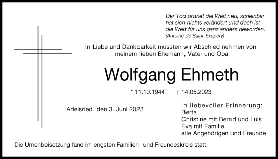 Traueranzeige von Wolfgang Ehmeth von Augsburger Allgemeine