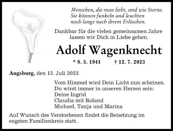 Traueranzeige von Adolf Wagenknecht von Augsburger Allgemeine