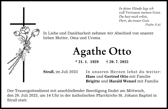 Traueranzeige von Agathe Otto von Neu-Ulmer Zeitung