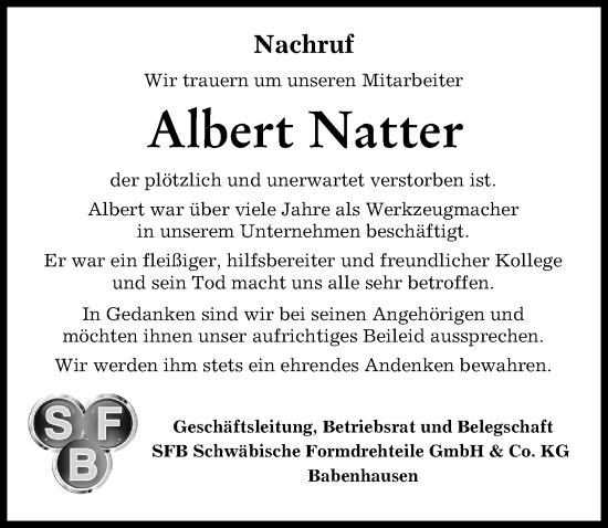 Traueranzeige von Albert Natter von Illertisser Zeitung