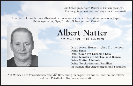 Traueranzeige von Albert Natter von Illertisser Zeitung