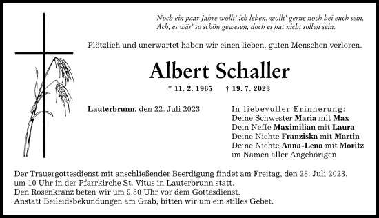 Traueranzeige von Albert Schaller von Wertinger Zeitung, Augsburg-Land