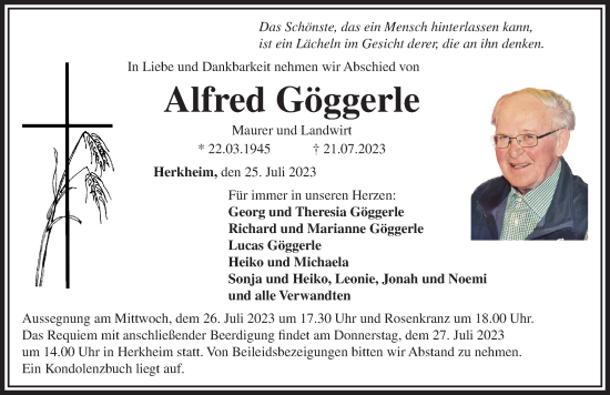 Traueranzeige von Alfred Göggerle von Rieser Nachrichten